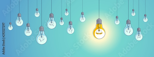 Idea concept, think different, light bulbs group vector illustration with single one is shining, creative inspiration, be special, leadership.