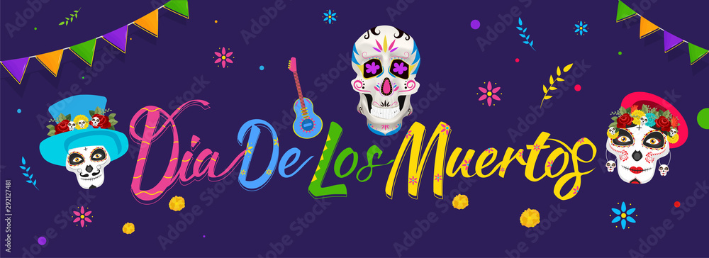 Website header or banner design with colorful calligraphy Dia De Los Muertos and sugar skull or calaveras on purple background.