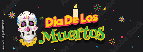 Website header or banner design with sticker style text of Dia De Muertos with sugar skull and illuminated candle on black background.