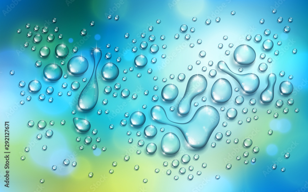 Water rain drops or condensation over blurred green and blue nature background beyond the window, realistic transparent 3d vector illustration, easy to put over any background.