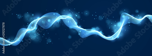 Wave line of flowing particles over dark abstract vector background, smooth curvy shape shining dots fluid array. 3d dots blended mesh, future technology relaxing wallpaper.