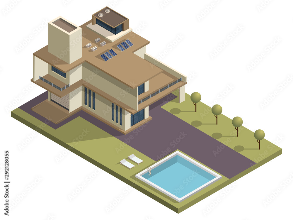 Fototapeta premium Isometric skyscraper building with swimming pool and garden yard background.