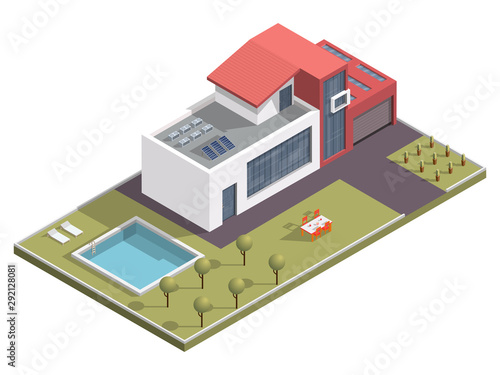 Isometric building with swimming pool and dining table along garden yard background.