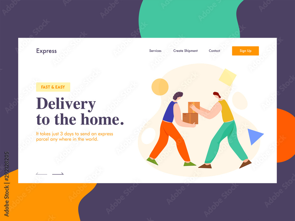 Landing page design with hand to hand parcel delivery by man for Delivery to the home.