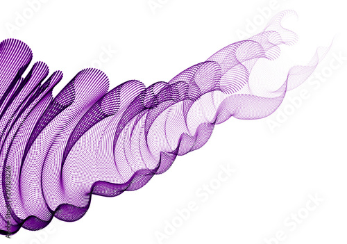 Vector abstract background with wave of flowing particles, smooth curve shape lines, transparent tulle textile on wind. 3d shape dots magic blended mesh.