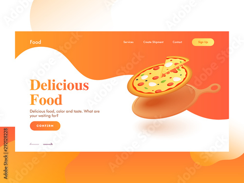 Responsive landing page design with pizza on frying pan for Delicious Food.