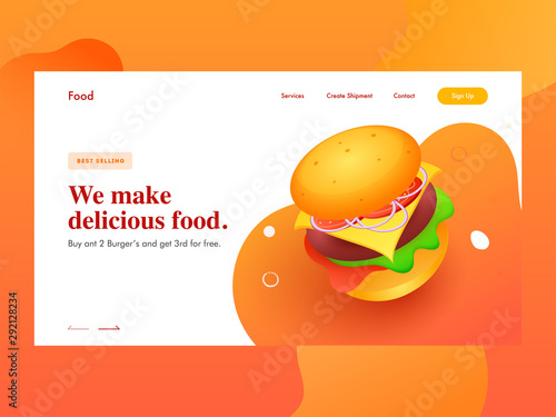 Responsive web banner or landing page design with presenting burger for We make delicious food.