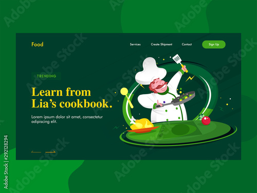 Learn from lien's cookbook landing page design with chef character cooking on green background.