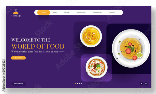 World Of Food Landing page design with presenting different dishes on purple background.