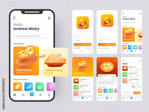 Food mobile app ui kit including sign up, food menu, booking and home service type review screens.