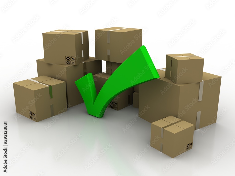 3d rendering Cardboard boxes with tick 3d rendering Cardboard boxes with tick