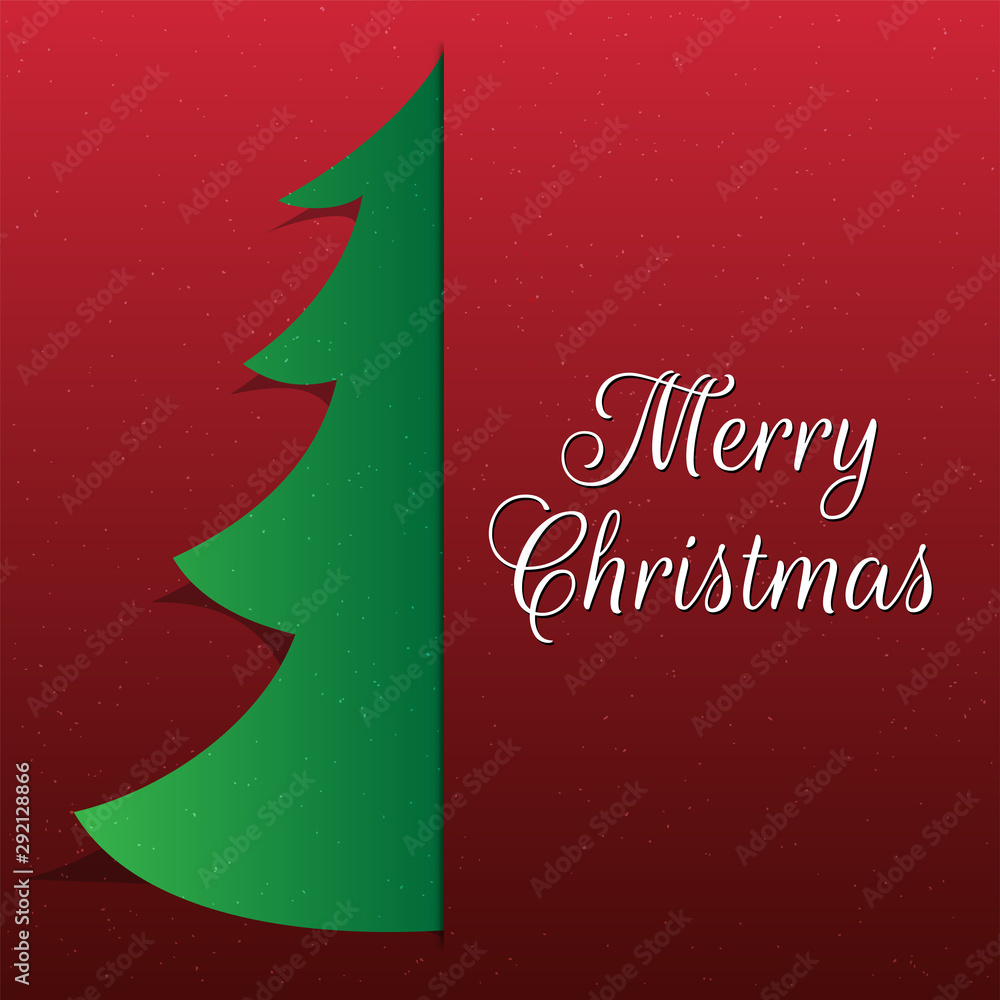 Merry Christmas celebration greeting card design with paper cut style xmas tree on red background.