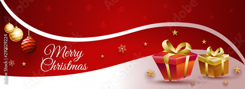 Merry Christmas celebration header or banner design with gift boxes, stars and hanging baubles on red and white background.