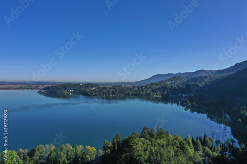 Aerial view. Beautiful panorama of lake Kochelsee, Bavaria Germany. Flying on drone.