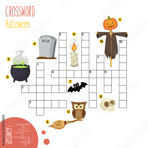 Easy crossword puzzle 'Happy halloween', for children in elementary and middle school. Fun way to practice language comprehension and expand vocabulary. Includes answers. Vector illustration.
