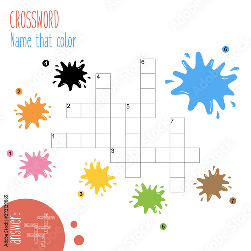 Easy crossword puzzle 'Name that color', for children in elementary and middle school. Fun way to practice language comprehension and expand vocabulary. Includes answers. Vector illustration.