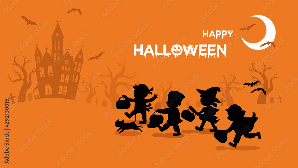 Happy Halloween. Children dressed in Halloween fancy dress to go Trick or Treating. Template for advertising brochure. 