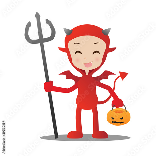 Halloween trick or treat concept, A little devil costume is holding spear and pumpkin