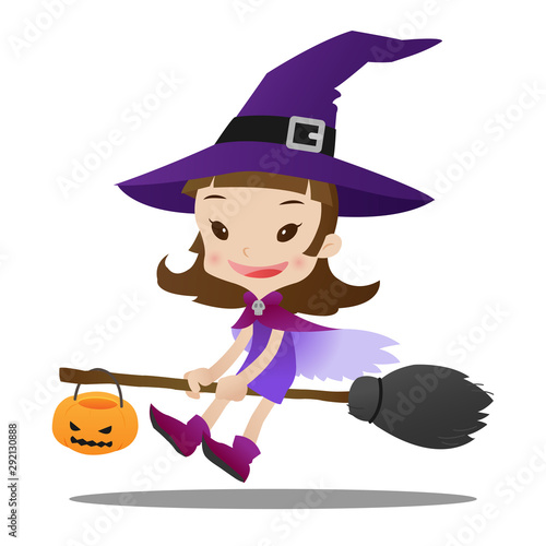 Halloween trick or treat concept, Cute little witch girl riding a broom