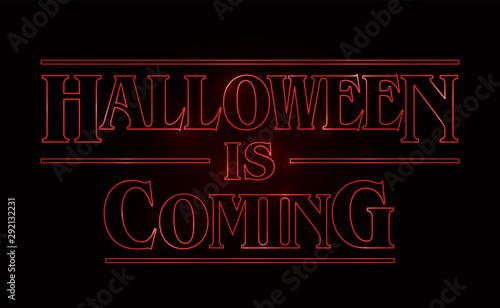 Halloween text design, Halloween is coming word with Red glow text on black background. 80's style, eighties design. Vector illustration