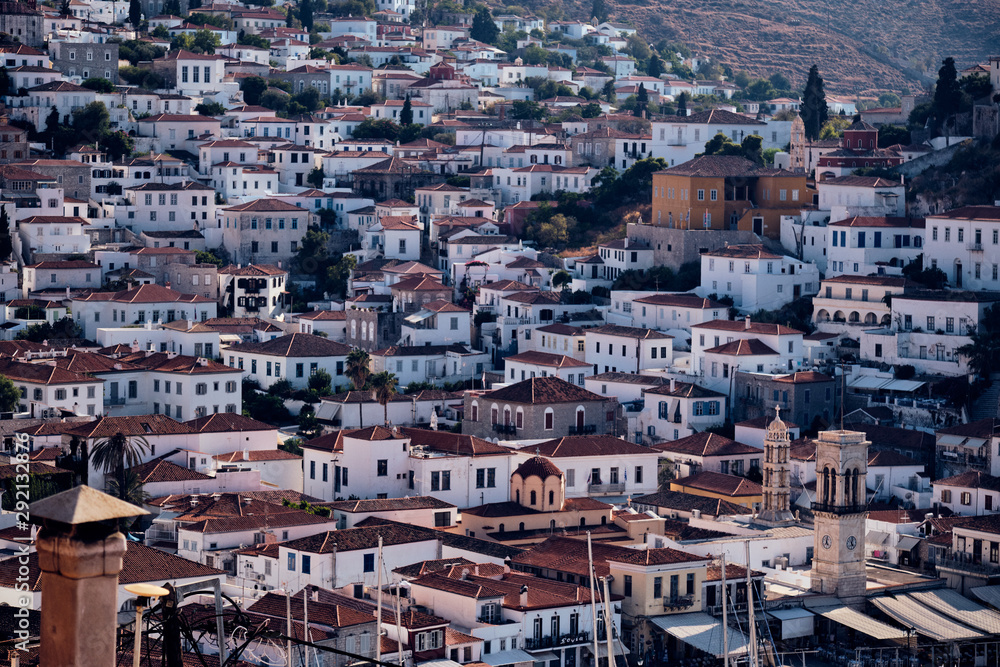 Greek Hillside town at sunset