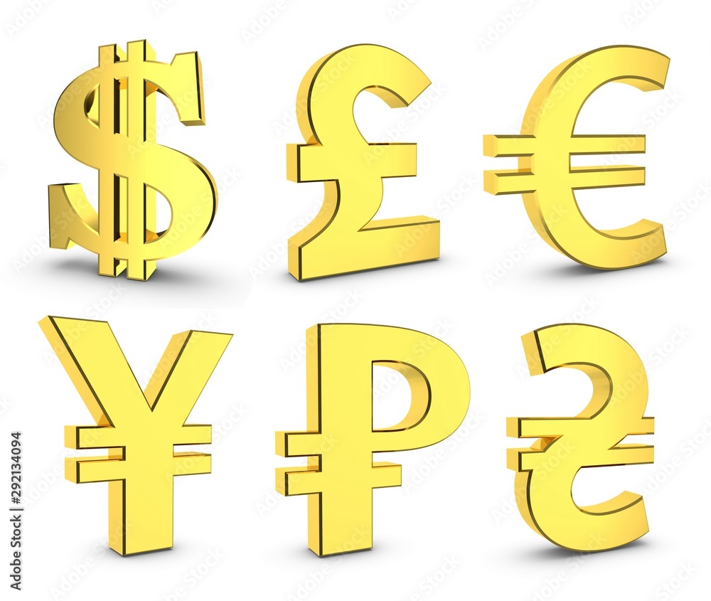 Finance icon currency gold button set. 3D rendering set Finance icon currency gold button set. 3D rendering set