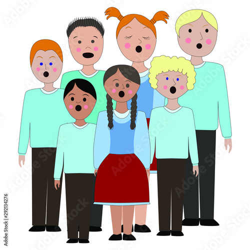 Children's choir . Lesson of choral singing in children. Children sing all together.