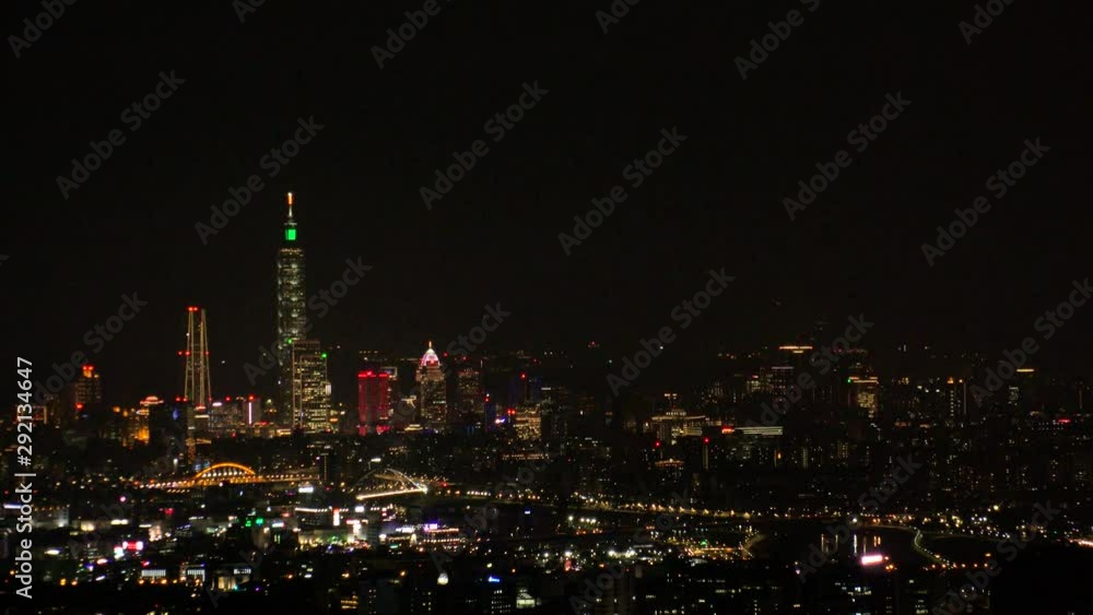 TAIPEI, TAIWAN - CIRCA AUGUST 2019 : Aerial view of cityscape of Taipei at night. View of shopping and business district at Xinyi area. TAIPEI, TAIWAN - CIRCA AUGUST 2019 : Aerial view of cityscape of Taipei at night. View of shopping and business district at Xinyi area.