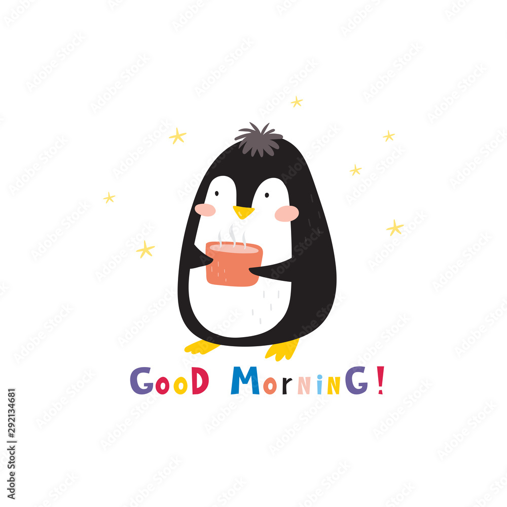 Cartoon cute penguins vector character. Christmas print with penguins in  hats. Good morning card. Bright funny cartoon card . Stock Vector | Adobe  Stock