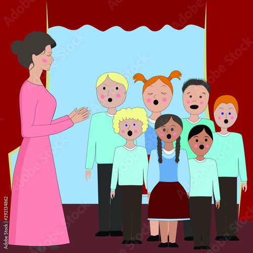 Children's choir with a conductor. Lesson of choral singing in children. Children sing all together, and the teacher leads them. The choir sings on stage.