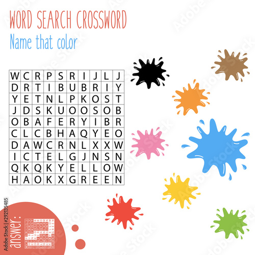 Name that color. Easy word search crossword puzzle, for children in elementary and middle school. Fun way to practice language comprehension and expand vocabulary. Includes answers.