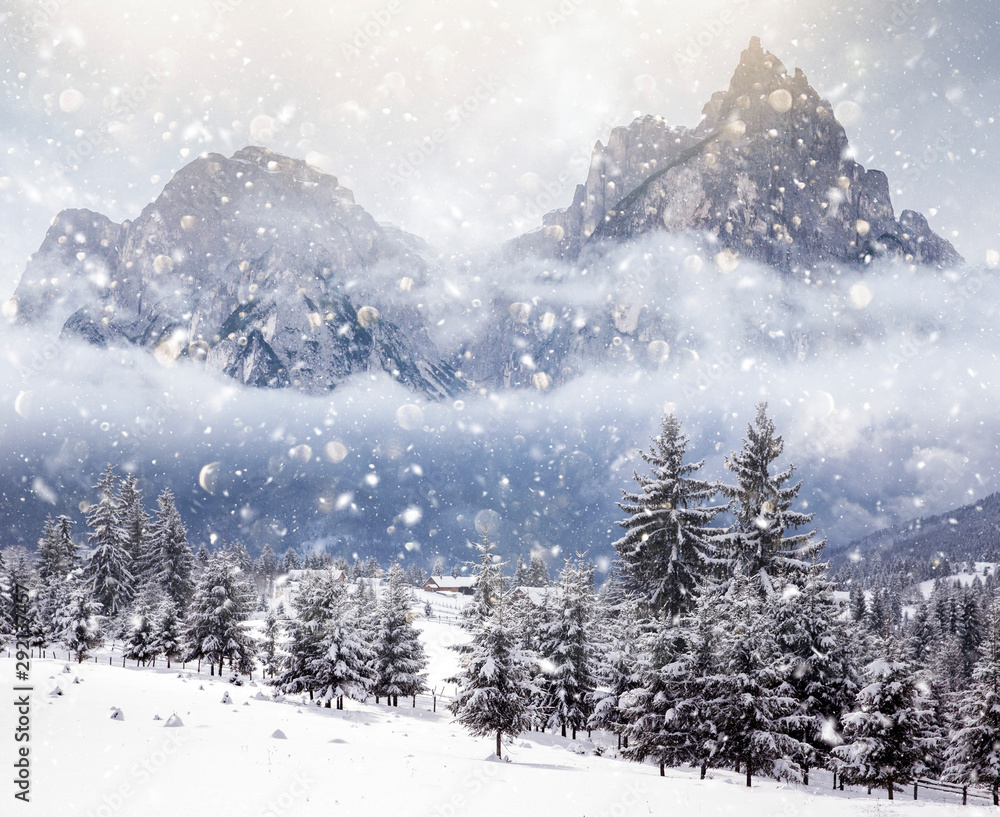 Fototapeta premium Christmas background with snowy fir trees and mountains in heavy snowing.