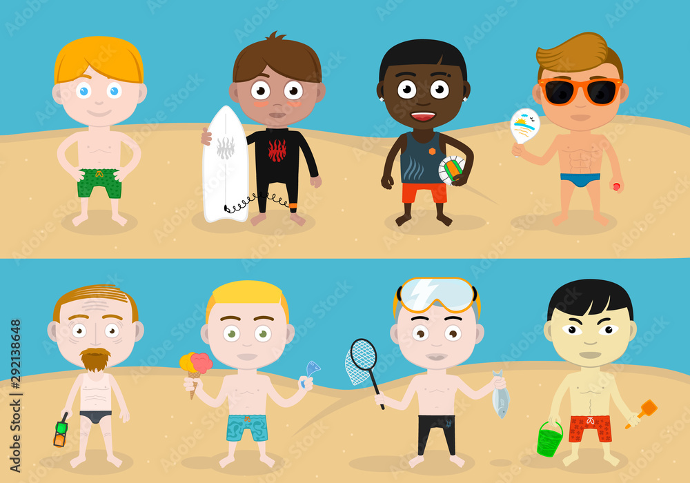Set of characters comics cartoon funny in vacation or holidays, activity on  beach, sports an hobbies, happy people Stock Vector | Adobe Stock