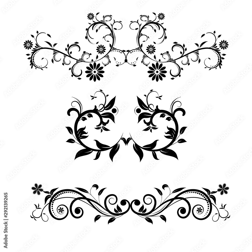 Abstract design ornament element with flowers and leaves.