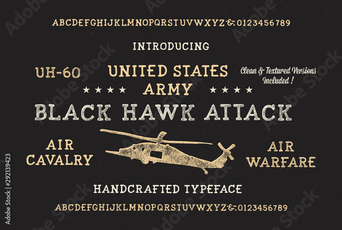 Handmade Modern Military Textured Font. Retro Typeface. Clean & Textured Versions Included. Vector Illustration.