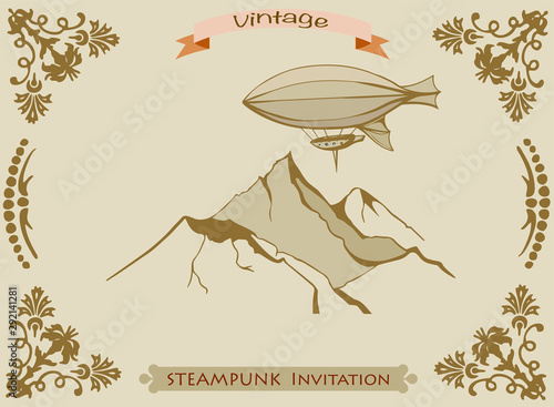 Steampunk frame vintage airship, girl banner