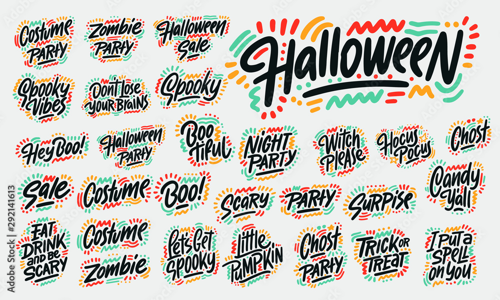 Fototapeta premium Set of hand lettered Halloween phrases. Spooky autumn quotes. Party lettering, calligraphy. Fall vector illustrations. Vector illustration