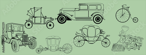 set of vintage cars, steampunk bicycle