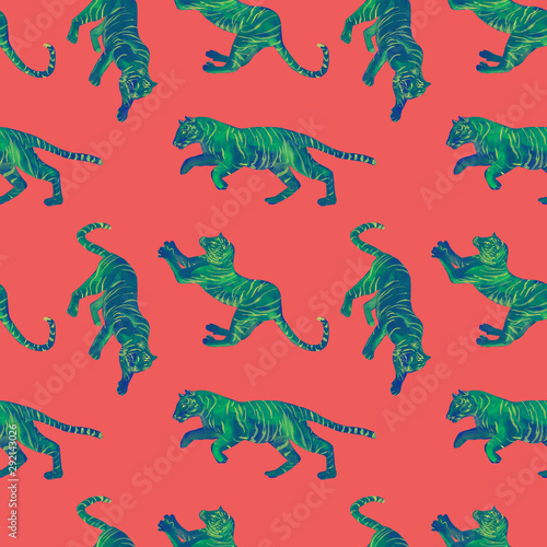 Watercolor seamless pattern with green tigers isolated on pink background. Trendy style.