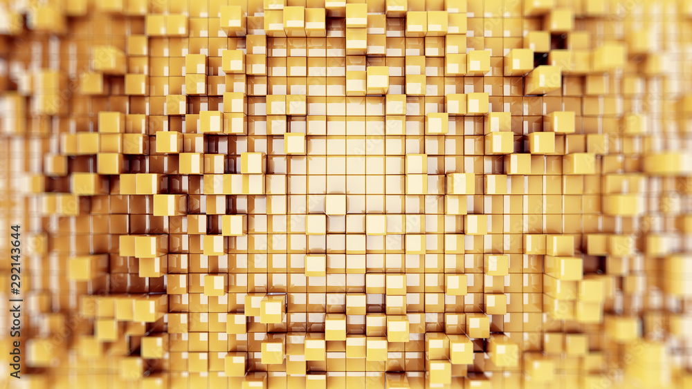 Wall of gold cubes moving in a random pattern. .3d rendering