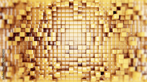 Wall of gold cubes moving in a random pattern. .3d rendering