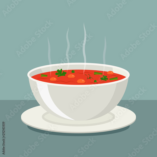 Hot vegetable soup in white dishes. vector