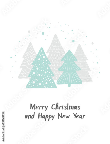 Merry Christmas and Happy New Year. Vector greeting card. Scandinavian Christmas hand drawn cute Christmas trees
