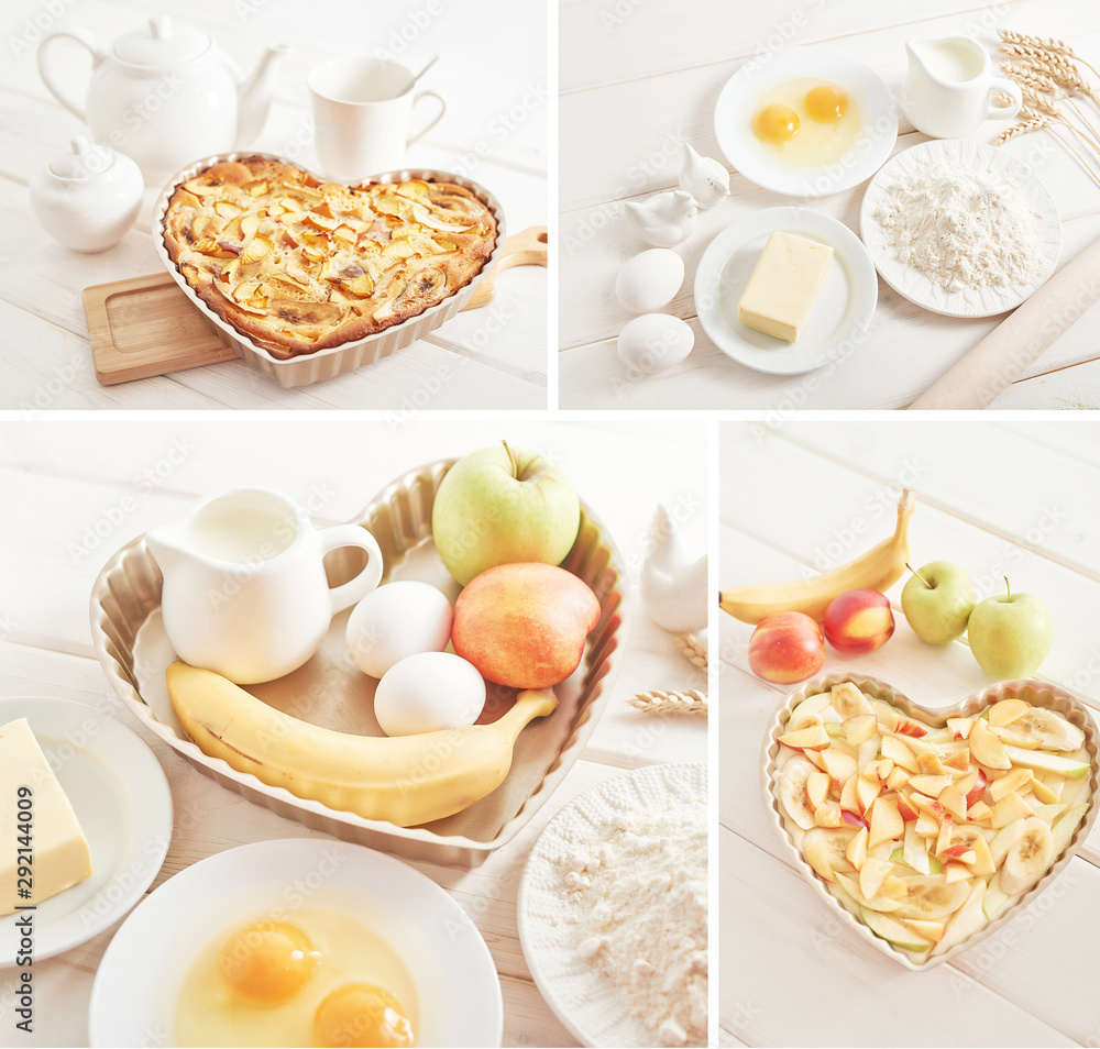 pie with banana, apples and nectarine on a white wooden background pie with banana, apples and nectarine on a white wooden background