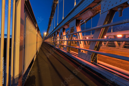 Night photograph from on the public walkway of the Menai Suspension Bridge, Isle of Anglesey, North Wales