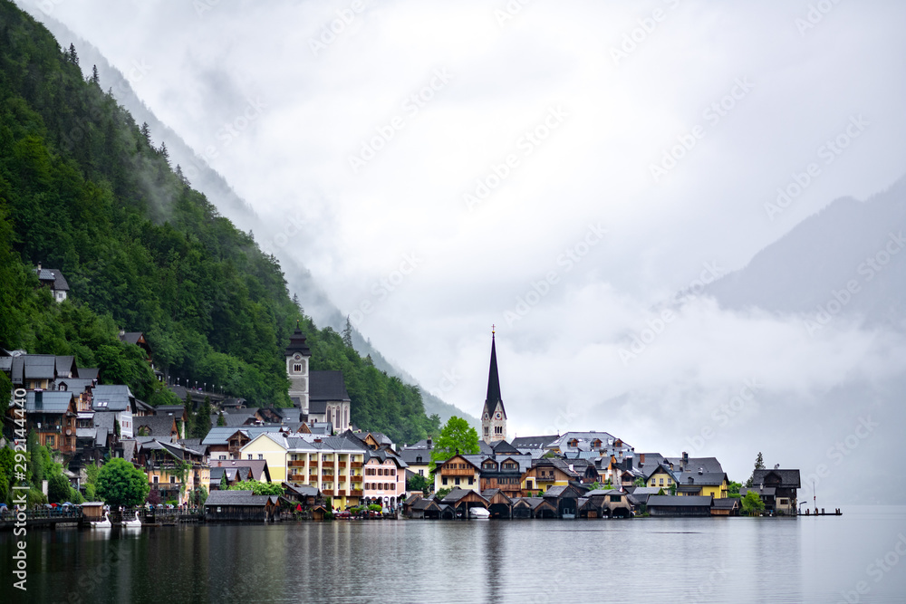 The famous fairytale European world herritage village Hallstatt, Austria on a rainy day.