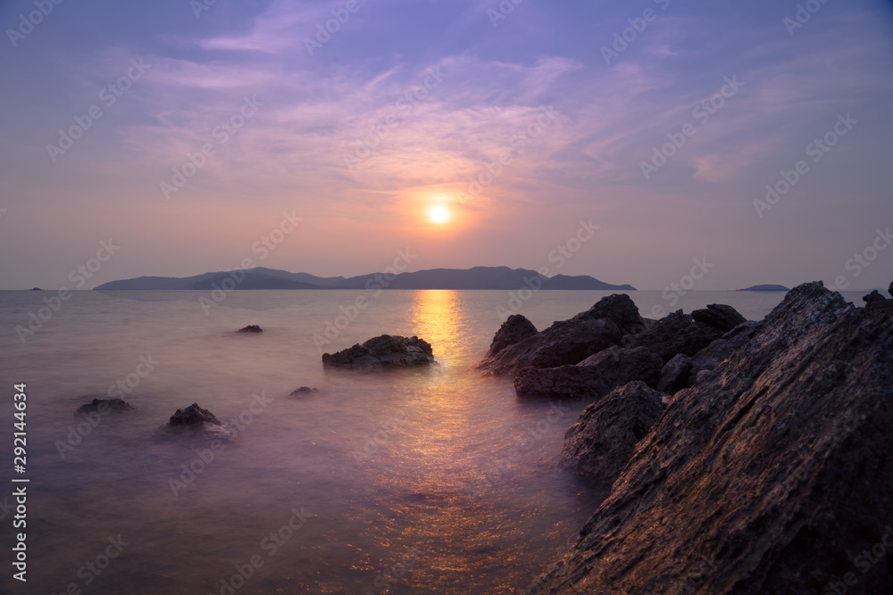 Beautiful sunset during twighlight time with clouds,Blue sky and mountain around the sea at sattahip,pattaya,chonburi,Thailand,copy space and background,attraction tourist in chonburi. Beautiful sunset during twighlight time with clouds,Blue sky and mountain around the sea at sattahip,pattaya,chonburi,Thailand,copy space and background,attraction tourist in chonburi.