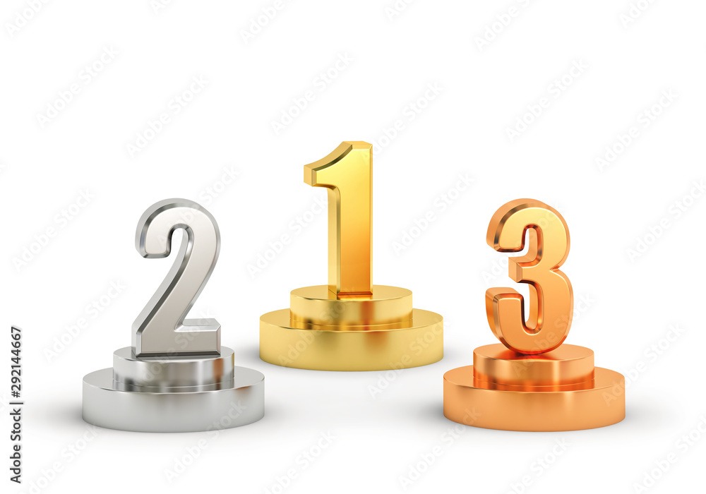 First, second and third places isolated on white. Clipping path included