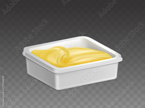 Butter, margarine in plastic container. Mayonnaise, melted cheese, ice-cream in white rectangular box mockup. Dairy food product, blank packaging template isolated, 3d realistic vector illustration
