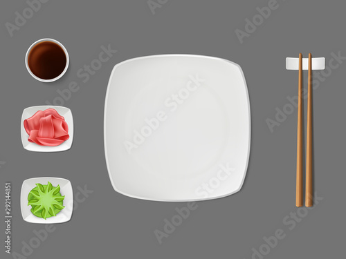 Sushi dishware, condiments set with empty square, white, ceramic plate, wooden chopsticks on stand, soy sauce, marinaded ginger, wasabi on saucers top view, isolated 3d realistic vector illustration